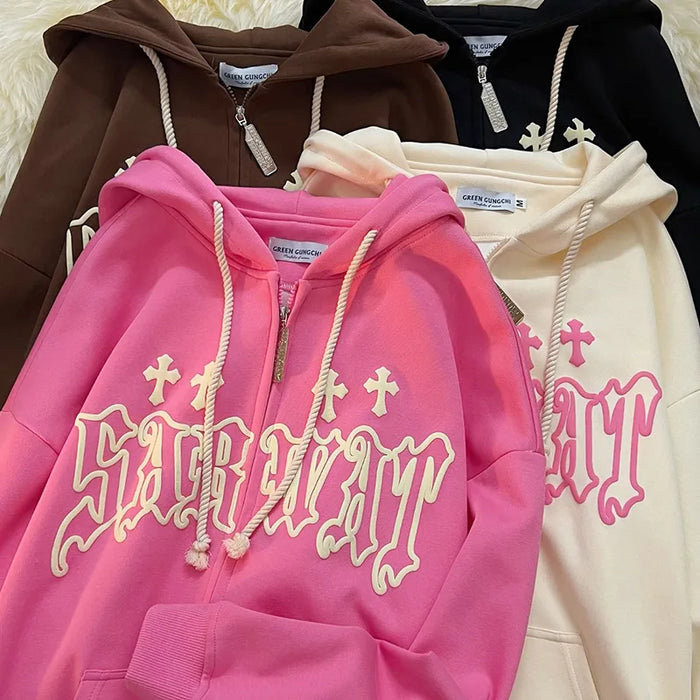 Felpe con ricamo Goth donna High Street Harajuku Retro Hip Hop Zip Up felpa con cappuccio uomo sciolto felpa con cappuccio vestiti Y2K felpa con cappuccio