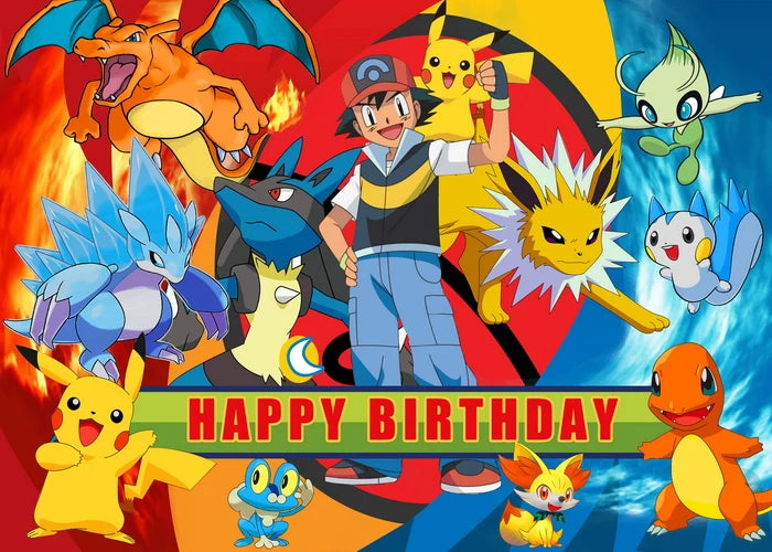 Happy Birthday Party Pokemon sfondo decorazione bambini Boy Baby Shower Pikachu Anime Photography Background Banner Vinyl Poster