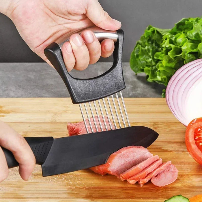 Stainless Steel Onion Needle With Cutting Safe Aid Holder Easy Slicer Cutter Tomato Safe Fork Handheld Vegetable Knife Kitchen