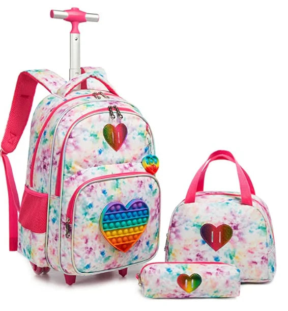 Set di zaini per bambini 3 pezzi con ruote borsa per Trolley da scuola con borsa per il pranzo zaino per la scuola zaino con ruote per ragazze