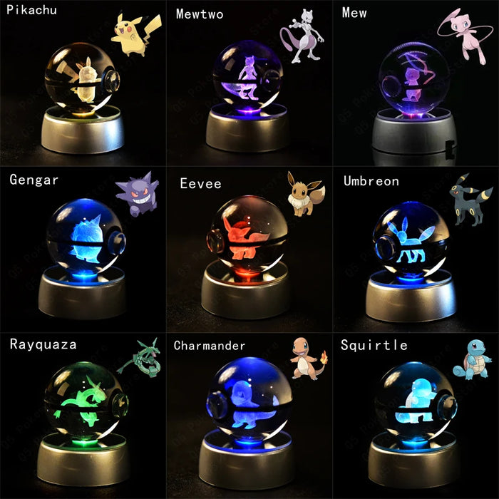 Pokemon 3D Crystal Ball Pikachu Gengar Mew Mewtwo figurine Base lampada Pokeball 3D Pokemon Glass Ball Statue regalo di compleanno per bambini