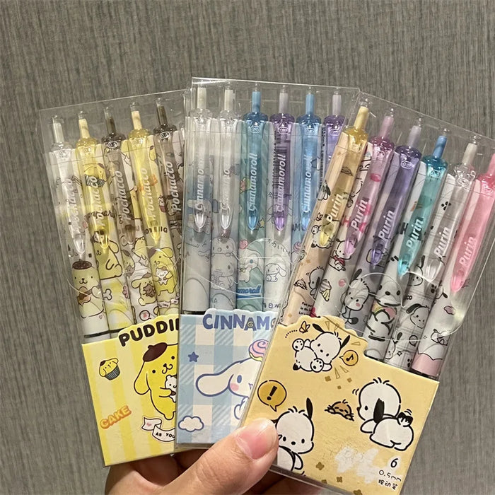 Sanrio Hello Kitty 6pcs Series Gel Pen 0.55mm Refill Y2k Cinnamoroll Kuromi MelodyCartoon Press Pen forniture di cancelleria nera