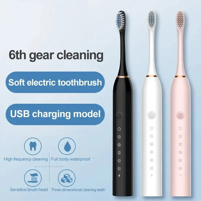 Spazzolino elettrico ad ultrasuoni modalità a sei velocità Home Soft Hair ricarica USB detergente per denti per adulti impermeabile Set di coppie automatico