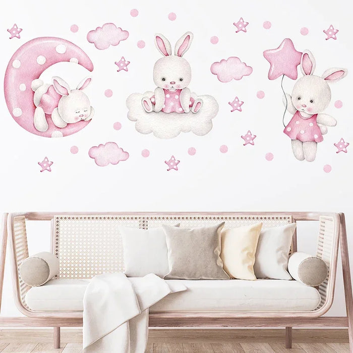 Acquerello morbido rosa 3 coniglietti coniglio luna nuvole stelle adesivi murali per camera dei bambini Baby Nursery Room decalcomanie da parete decorazioni per la casa PVC