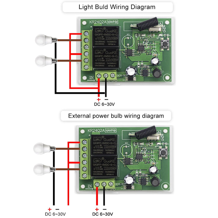 QIACHIP 433MHz interruttore di controllo remoto relè Wireless modulo 2CH trasmettitore RF DC 5V 12V 24V 30V per lampada luce porta Garage