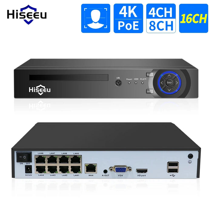 Hiseeu H.265 + 4CH 10CH 16CH POE NVR per telecamera di sorveglianza di sicurezza IP Sistema CCTV 5MP 8MP 4K Audio Video Recorder Face Detect