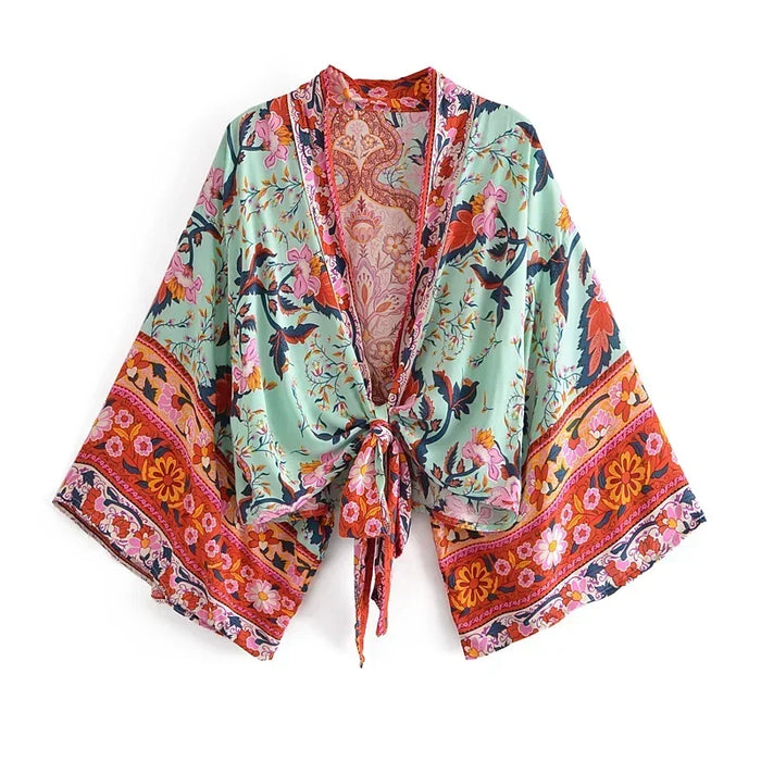 Happie Queens stampa floreale telai Kimono corto moda donna scollo a V maniche a pipistrello Robe Lady Boho Bikini Cover-up