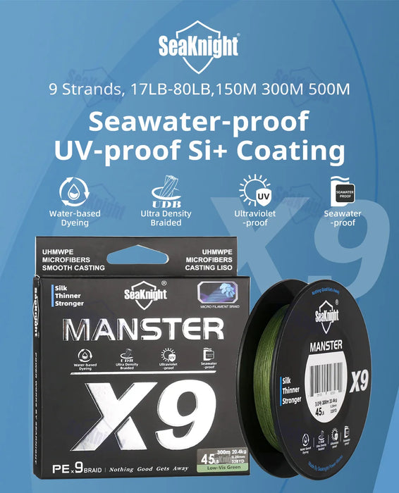 SeaKnight marca X9 serie lenza 500/300/150M, rivestimento Si + resistente ai raggi UV a prova di acqua di mare, linea PE multifilamento liscia a 9 tesse