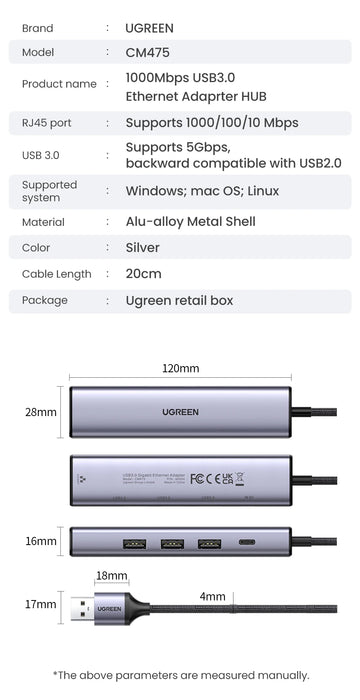 UGREEN USB Ethernet Adapter 1000/100Mbps USB3.0 HUB RJ45 Lan per PC portatile Xiaomi Mi Box Macbook Windows USB-C HUB scheda di rete