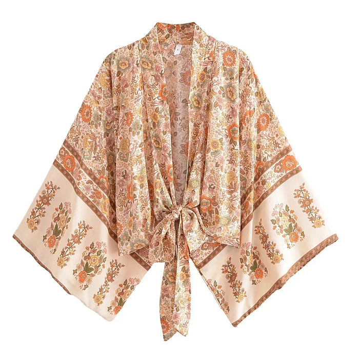 Happie Queens stampa floreale telai Kimono corto moda donna scollo a V maniche a pipistrello Robe Lady Boho Bikini Cover-up