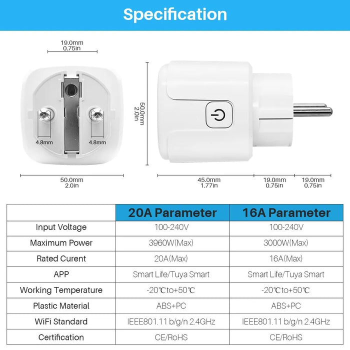 Tuya 16A 20A EU Smart Socket WiFi Smart Plug con funzione di monitoraggio dell'alimentazione controllo vocale Alexa Google Assitant