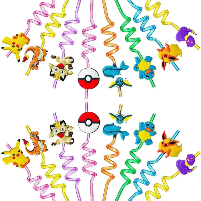 8pcs Pokemon cannucce cartone animato Pikachu tema cannucce riutilizzabili per bambini decorazione di compleanno forniture per feste giocattoli per la doccia del bambino