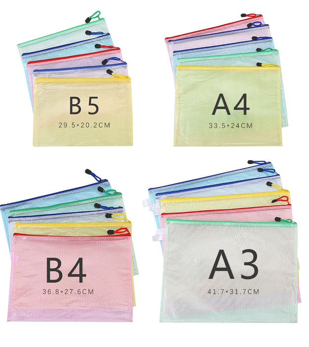 5PCS cartella di immagazzinaggio di cancelleria File Mesh Zipper Pouch A4 A5 A6 B5 2PCS A3 B4 borsa per documenti cartella per File con cerniera forniture per ufficio scolastico