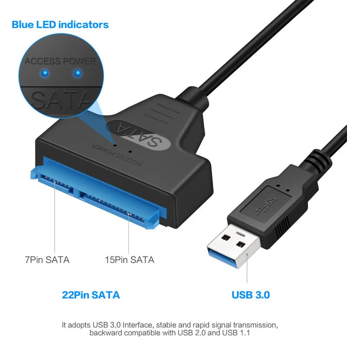 Cavo da SATA a USB 3.0 / 2.0 fino a 6 Gbps per disco rigido SSD HDD esterno da 2.5 pollici SATA 3 adattatore a 22 Pin cavo da USB 3.0 a Sata III