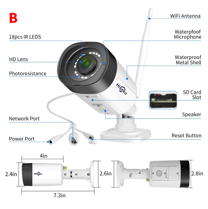 Telecamera IP Wireless Hiseeu 1536P obiettivo 3.6mm telecamera WiFi di sicurezza impermeabile per kit di sistemi CCTV Wireless Hiseeu IP Pro APP View