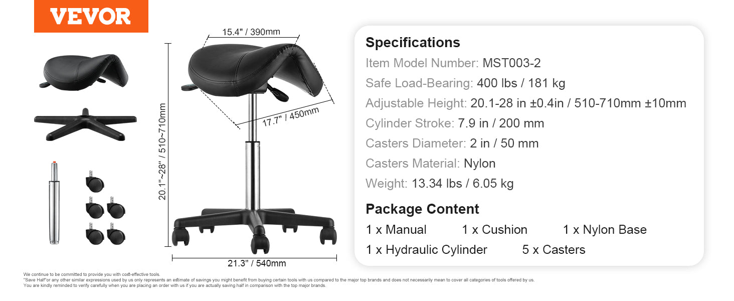 Sgabello da sella ergonomico VEVOR con 5 rotelle girevoli rotazione di 360 ° 20.1-28 sgabello rotondo regolabile in altezza per ufficio Bar Salon