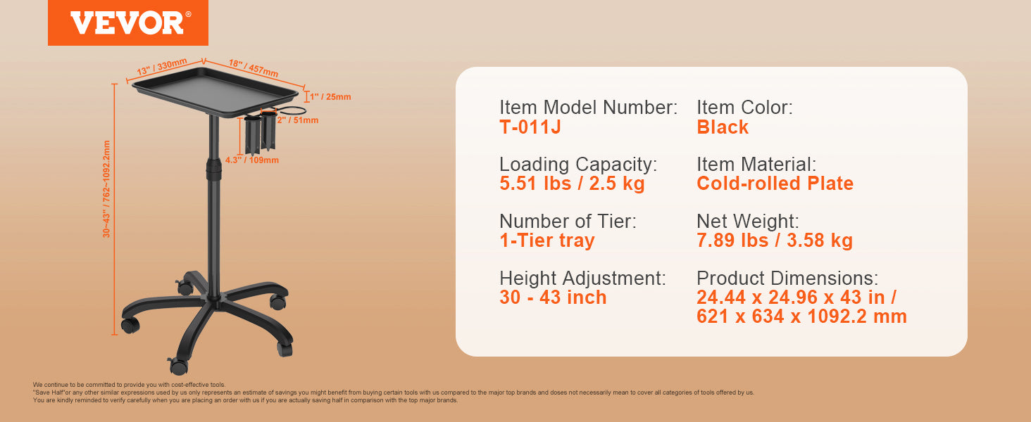 VEVOR Carrello per Vassoi per Saloni, Ruote Regolabile in Altezza 30"-43" Vassoio per Tatuaggi Laminato a Freddo con 5 Ruote (2 Bloccabili) per Parrucchieri, Nero